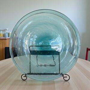 Vintage aquamarine dinner plate, hand blown, swirls and lots of bubbles